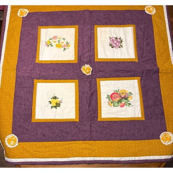 Handcrafted Purple and Gold Quilt With Embroidered & Crocheted Flowers 43x43" - Picture 1 of 8